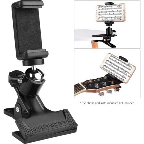 Clip-on Phone Holder Musical Instrument Phone Mount Stand with 360 Degree Rotatable Ball Head for Bass Guitar Head