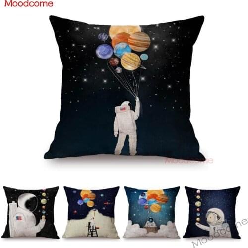 Children Astronaut Dream Cartoon Solar System Boy Son Gift Pillow Cover Home Decoration Planets Balloon Art Linen Cushion Cover