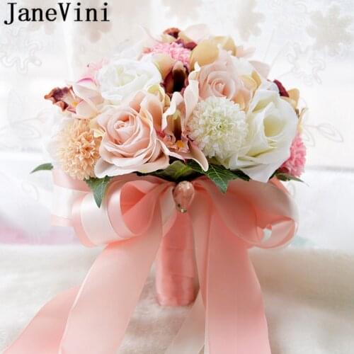 JaneVini Elegant Pink Rose Wedding Bouquet of Artificial Flowers Ribbon Handle Bridal Brooch Diamond Decoration Bride Bouquet