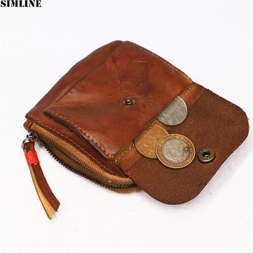 Genuine Leather Wallet Coin Purse Men Women Vintage Handmade Zipper Short Small Slim Wallets Card Holder With Coin Pocket Female