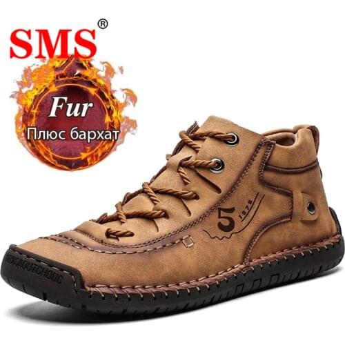 SMS Fashion Men Leather Boots Warm Fur Snow Boots Winter Hiking Shoes Sneakers Split Leather Comfortable Ankle Lace Up Boots