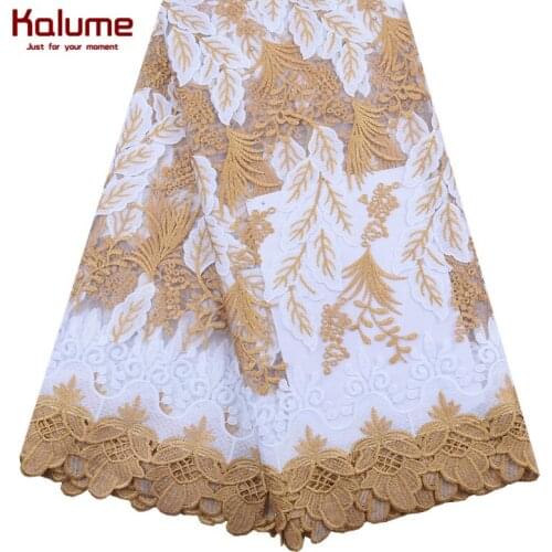 Kalume Newest Gold African Lace Fabric Latest French Mesh Milk Silk Lace Fabric Stones Nigeran Tulle Lace For Party Dress F2070