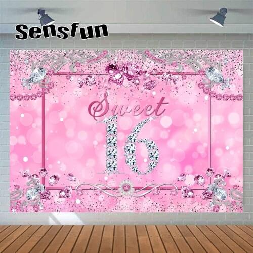Sensfun Gorgeous Pink Girls Sweet 16 Birthday Party Backdrop For Photography Glitter Shiny Diamond Background Customized Banner
