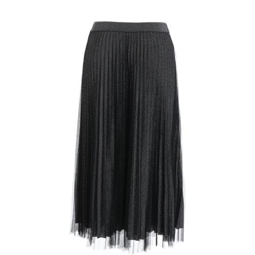 Govani new mesh pleated elastic waist high waist shinny midi skirt
