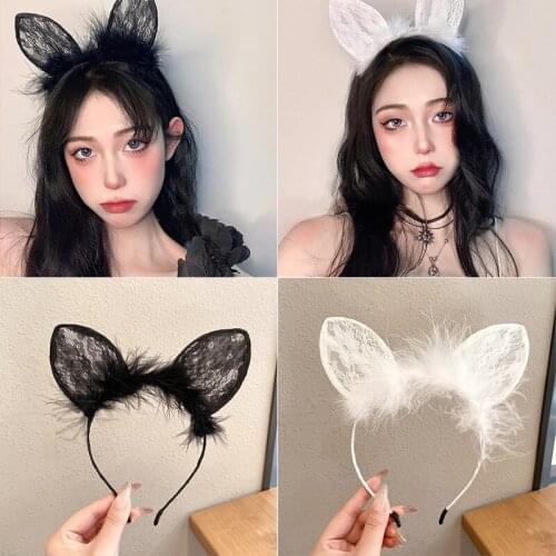 New Sexy White Black Head Bezel Hairy Feather Lace Cat Ears Cute Hair Band Solid Color Headdress Girls Women Hair Accessories