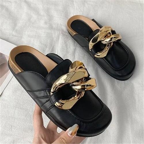 2021 Summer Women Cork Slippers Womens Big Gold Chain Platform Mules Sandals and Slippers Womens Wholesale Flat Flip Flops
