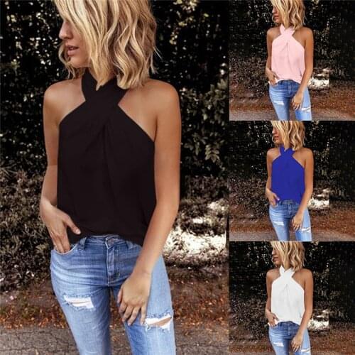 Womens Chiffon Tops Sleeveless Ladies Tops Shirts Summer Casual Halter Feamle Shirts Casual Solid Women Tank Tops