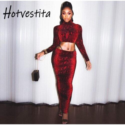 Hotvestita 2021 Spring Sexy Snake Print Women Two Piece Set Turtleneck Long Sleeve Crop Top Low Waist Bodycon Pencil Maxi Skirt