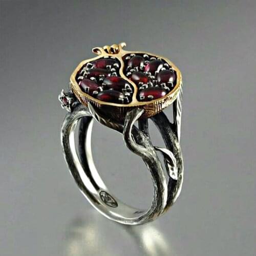Retro Fruit Red Garnet Ring Plant Vine Fashion Bohemian Jewelry Personality Finger Silver Color Ring Suitable for Womens