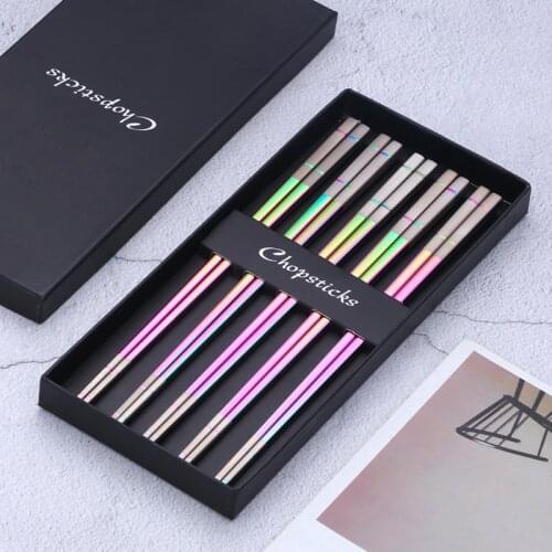 10 Pairs Squre Stainless Steel Chopsticks Laser Engraving Patterns Food Sticks Portable Reusable Sushi Chopstick With Gift Box