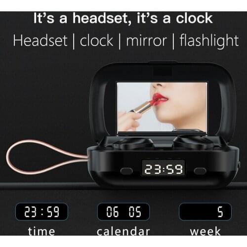4 in 1 TWS Bluetooth Headphones with clock mirror flashlight headset 9D Stereo Wireless Headphone Earbuds HD call
