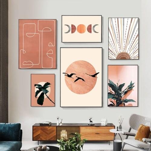 Abstract Plant Sun Face Moon Orange Canvas Wall Art Painting Posters and Prints Nordic Wall Pictures for Living Room Home Decor