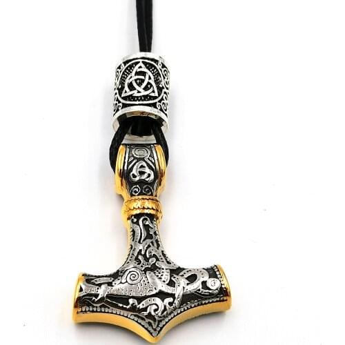 Antiquing Stainless Steel Thors Hammer Mjolnir Pendant With Hair Runes Bead Necklace Viking Scandinavian Norse Viking Jewelry