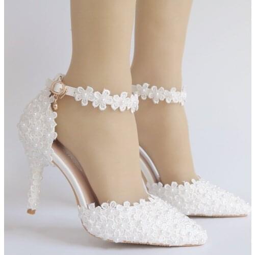 White lace pearl flower wedding shoes one-word wristband bride shoes fine heel pointed shoot wedding shoes womens sandals