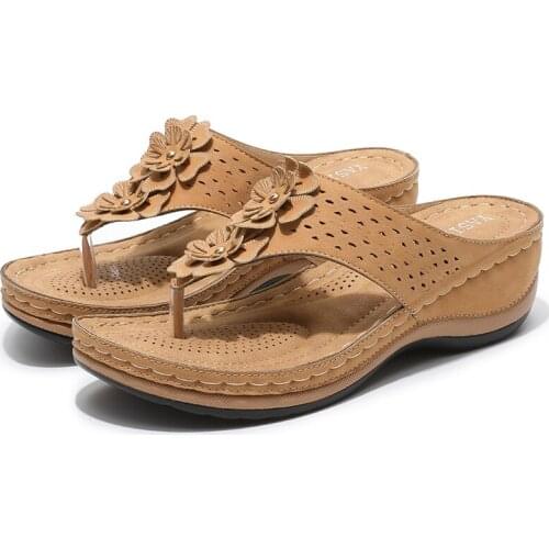 Bohemian Slippers Retro Wedges High 5CM Beach Shoes Plus Size36-43 Summer Flower Ladies Flip Flops Female Sweet Slippers Sandals