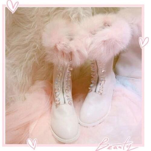 Fox fur raccoon fur Martin boots flat front zipper womens boots Low Heel Round girl Vintage Sweet Lolita Shoes Victoria Kawaii