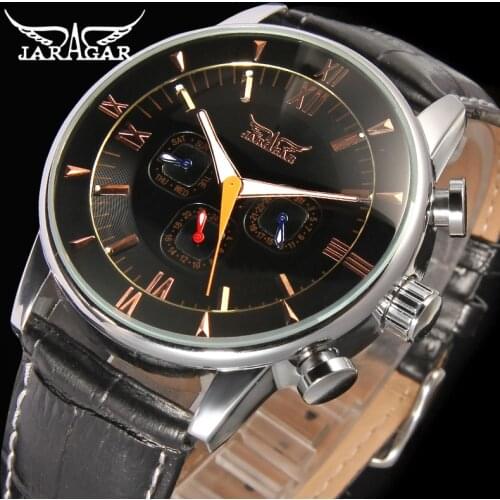 Jaragar Classic Automatic 6 Hands Calendar Luminous Hands Black Leather Band Mens Watches Business Luxury Mechanical Male Clock