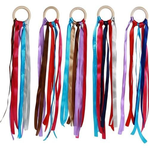 Baby Sports Playing Toy Rainbow Color Ribbon Wooden Ring Waldorf Ribbon With Bell Hand Kite Toy Rainbow Streamers