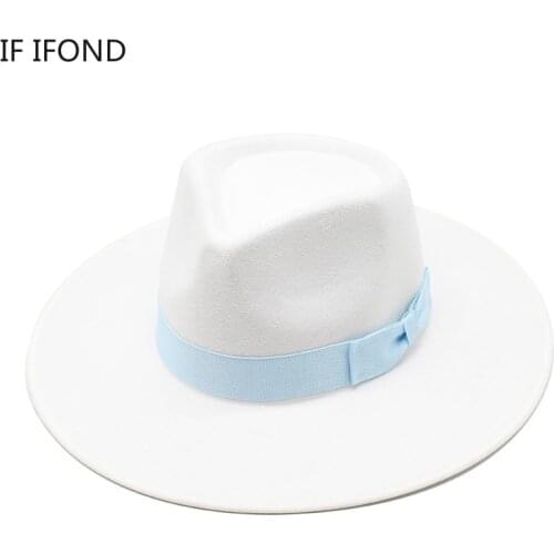 Fedora Hats For Men Women Wool Felt Fedora Hat Bowknot Ribbon Band White Dress Formal Hat Big Brim Top Jazz Cap
