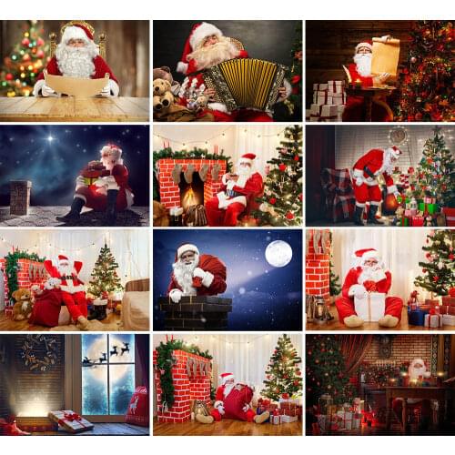 Santa Claus Photography Background Winter Christmas Tree Gift Fireplace Socks Chimney Wood Floor Kid Backdrop Photo Studio Props