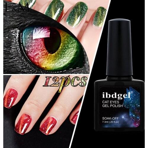 12pcs/lot Rainbow Cat Eyes ibdgel Brand Gel Nail Polish Soak Off Long Lasting Varnish Shining Glitter DIY Nail Art