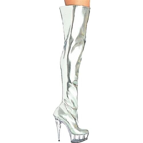 Hot sale and retail over the knee silver patent leather womens 6" thigh high boots sexy motorcycle boots 15cm clear Dance Shoes