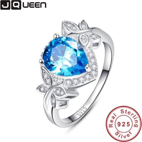 JQUEEN 925 sterling silver blue topaz ring wedding engagement jewelry butterfly decoration 3.85 Carat pear cut water drop shape