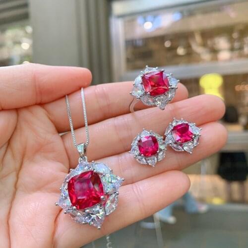 QTT Classic Red Square AAA CZ Jewelry Set Pendant Necklace Earrings Ring Jewellery Sets Silver Color Wedding Bridal Jewelry Sets