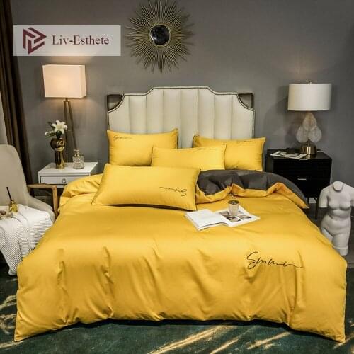 Liv-Esthet Yellow 100% Cotton Embroidery Bedding Set High Quality Bed Linen Set Queen King Duvet Cover Pillowcase Flat Sheet 4pc