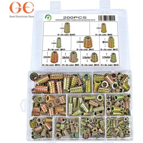 200Pcs Metric Threaded Inserts Nuts Assortment Tool Kit for Wood Furniture Zinc Alloy Furniture Bolt Fastener Connector thread