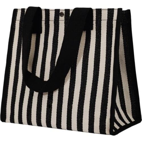 Reusable Shopping Bag Foldable Bag Grocery Organizer Fashion Striped Women Canvas Handbag School Tote Bag Portable Storage