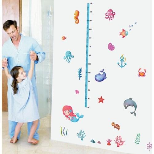 Cartoon Ocean Animals Kids Height Wall Stickers Mermaid Dolphin Seahorse Home Decor for Kids Room Fish Bathroom Decoration