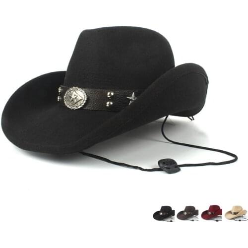 Men Women Wool Cowboy Hat Western Cap Panama Sunhat Wide Brim Fedora Trilby