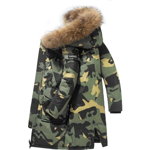Mens Winter Long Down Jackets Thick Warm Parkas Coats Casual Fur Collar Hooded Camouflage Windbreaker White Duck Down Jacket