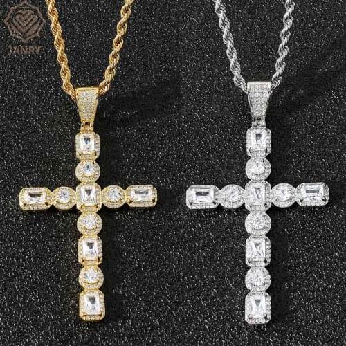 JANRY NEW Ice Cross Necklace & Pendant With 60cm Rope Chain Prong Setting 5A Cubic Zircon Men And Women Hip Hop Jewelry