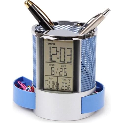 Office LCD Alarm Clock Time Temperature Display Pen Pencil Holder Desk Organizer
