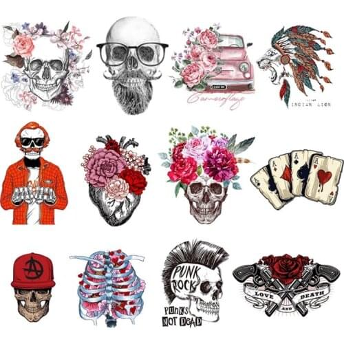 Punk Skull Heat Transfer Thermal Patches On Clothes Stickers On Backpack Quality Art Decoration Decal Jacket Badge Fusible Patch