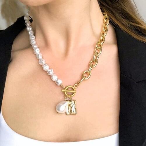 Vintage Gold Baroque Pearl Pendant Necklace For Women Retro Female Chain Choker Necklace Sweater Necklaces Jewelry Gift