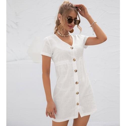 Women High Waist V-neck Short Sleeve Dress Summer Solid Casual Slim Button Fashion Black White Simple Holiday Beach Mini Vestido