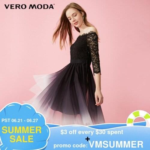 Vero Moda Women Slash Neck Tapered Hem 3/4 Sleeve Party Lace Dress | 32017C543