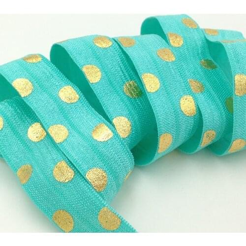 5 Yards 5/8 Turquoise Big Polka dots Gold printed Fold over Elastic, DIY Hair elastic,baby headband, Sewing supplies