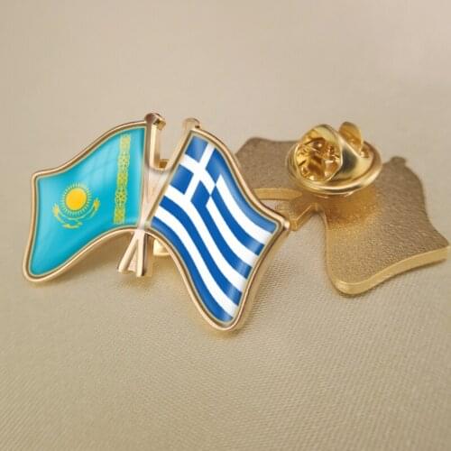 Kazakhstan and Greece Crossed Double Friendship Flags Lapel Pins Brooch Badges