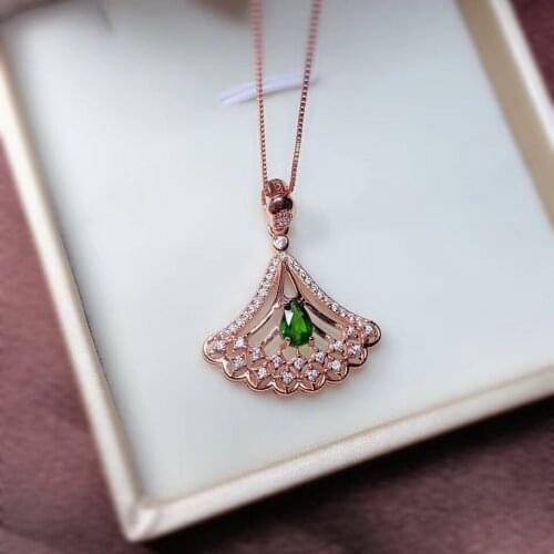 Chinese fan shape clear green diopside gemstone pendant of necklace 925 sterling silver fine jewelry certified natural gem gift