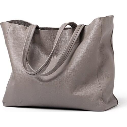 Classic Soft 100% Genuine Leather Fashion Women Shoulder Bag Brown Tote Handbag Large Capacity Lady Shopping Bag Black Grey