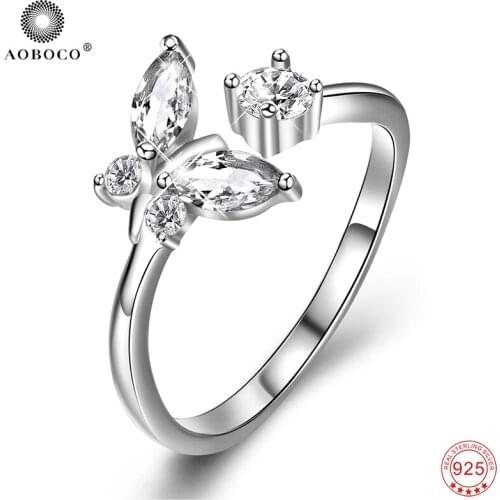 Ring Women Crystal Silver Color Open Butterfly Square Cubic Zircon Ring Fine 925 Silver Jewelry New Brand Bijoux Wedding rings
