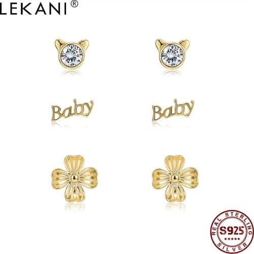 LEKANI 925 Sterling Silver Letter BABY & Cute Flower Stud Earrings Sets For Women Round Zircon Bear Earring Fine Jewelry Gift