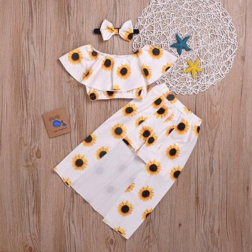 3Pcs Summer Girls Clothes Sunflower Print Tops Dress Headband 3pcs Toddler Girls Outfit Set Kids Clothing Sets Children Outfit