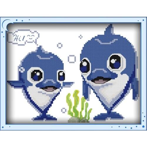 Lovely dolphin cross stitch kit cartoon 11ct count canvas stitches embroidery DIY handmade needlework plus