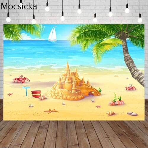 Mocsicka Summer Gold Sea Beach Backdrops Cartoon Style Palm Trees Fairy Tale Castle Photography Background Conch Starfish Boat