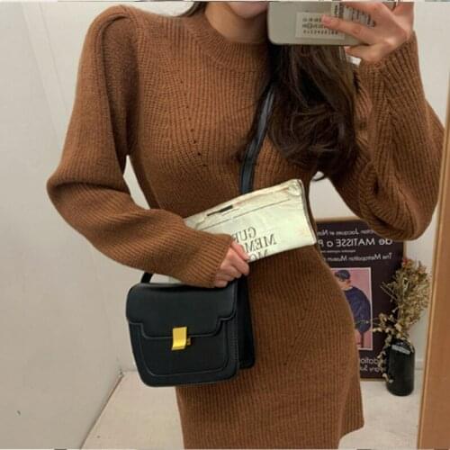 Fashion mid-length crewneck knitted sweater dress elegant fashion termperament solid sweater dress with belt causal slim dress